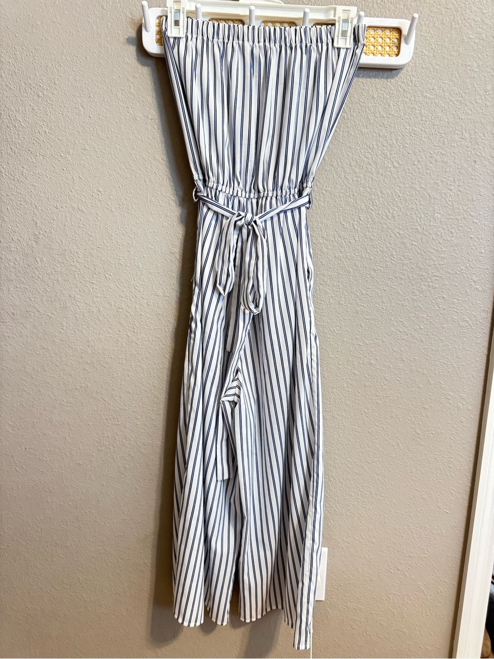 Blush White Jumpsuit with Navy Vertical Stripes